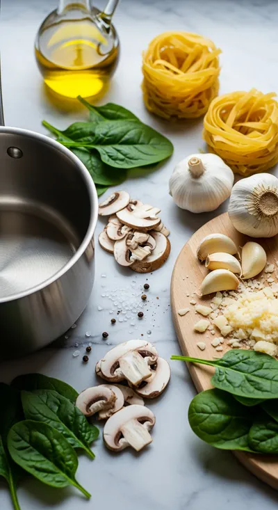 One-Pot Garlic Parmesan Pasta with Spinach & Mushrooms - cooking process