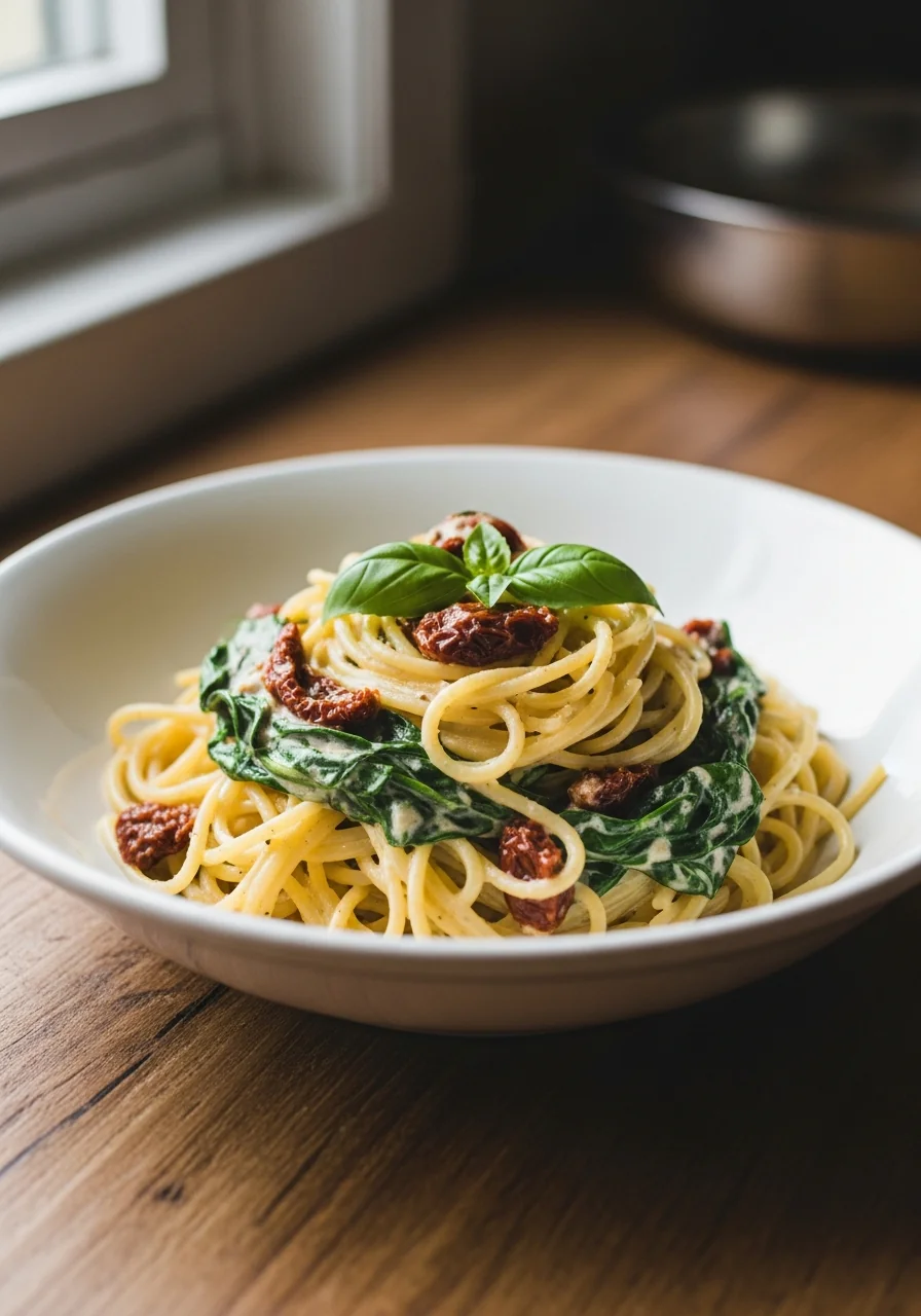 Spaghetti & Spinach With Sun-Dried Tomato Cream Sauce